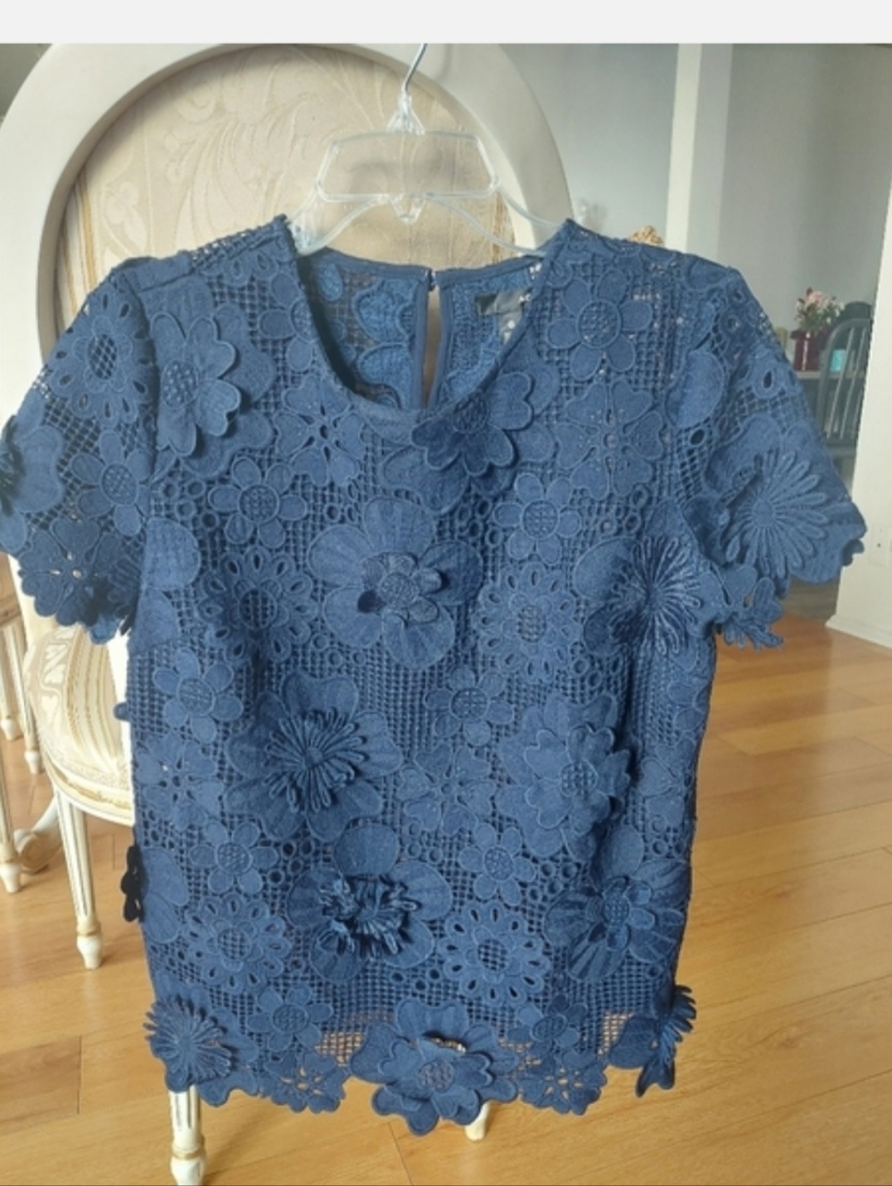 Aqua Women's Navy Blue Floral Crochet Short Sleeve Top